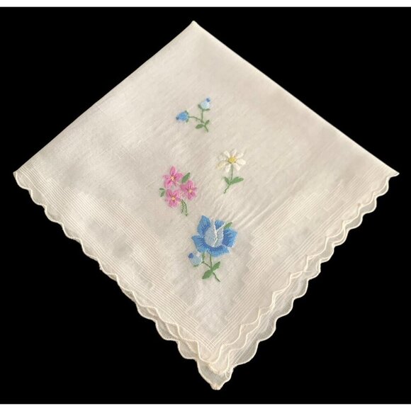 Accessories - Handkerchief Hanky Hankie Vintage White Embroidered with Floral Design